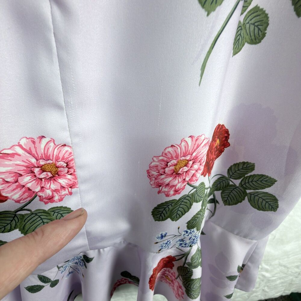 keepsake lilac floral ruffle midi dress ruched asymmetrical romantic size xs - Picture 10 of 10
